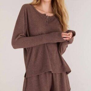 Z Supply Dream Time Oversized Ribbed Long Sleeve Henley Top Fig Size Medium